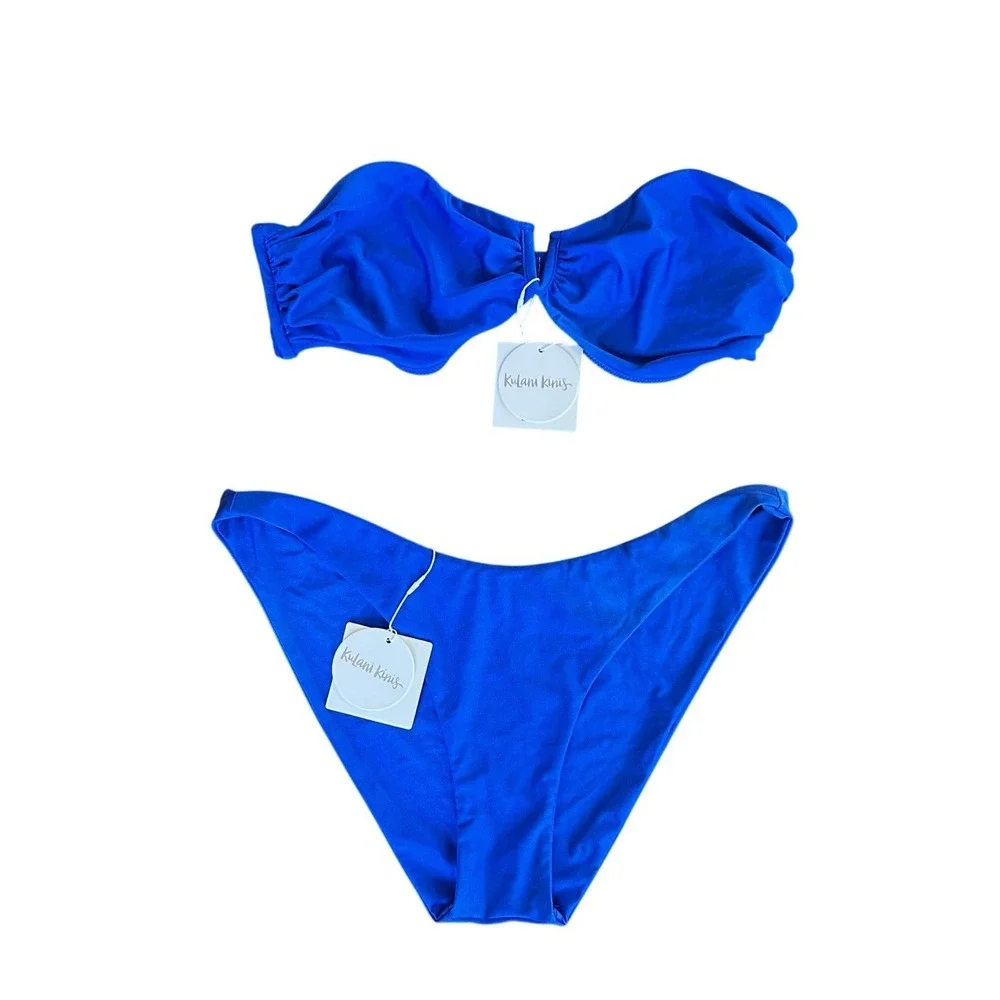 Kulani‎ Kinis Cobalt Blue Strapless Bandeau Full Coverage Bottom Bikini Set 3XL