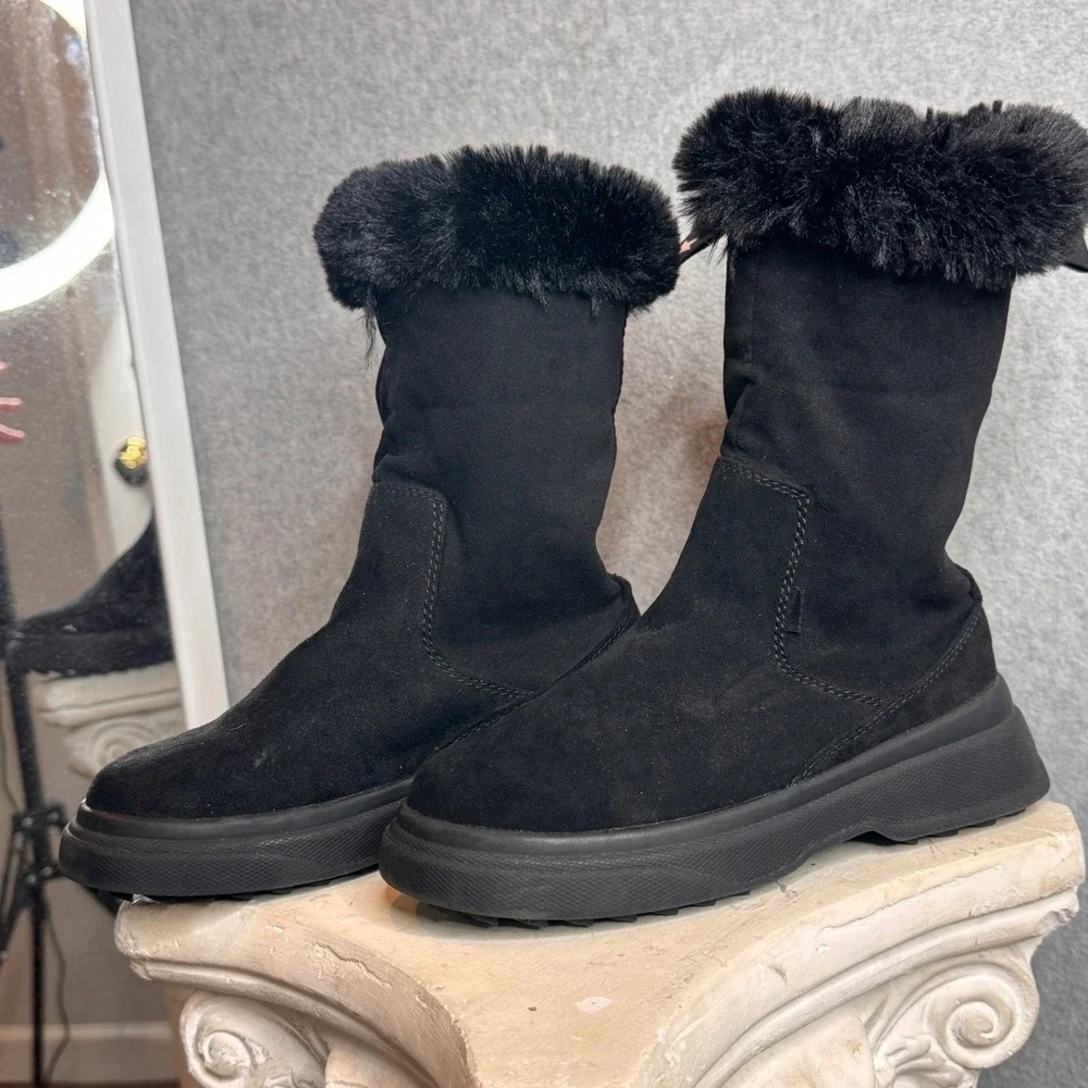 Zara Kids Faux Fur Ankle Booties‎ Black Suede Boots Chunky Platform Size 1Y