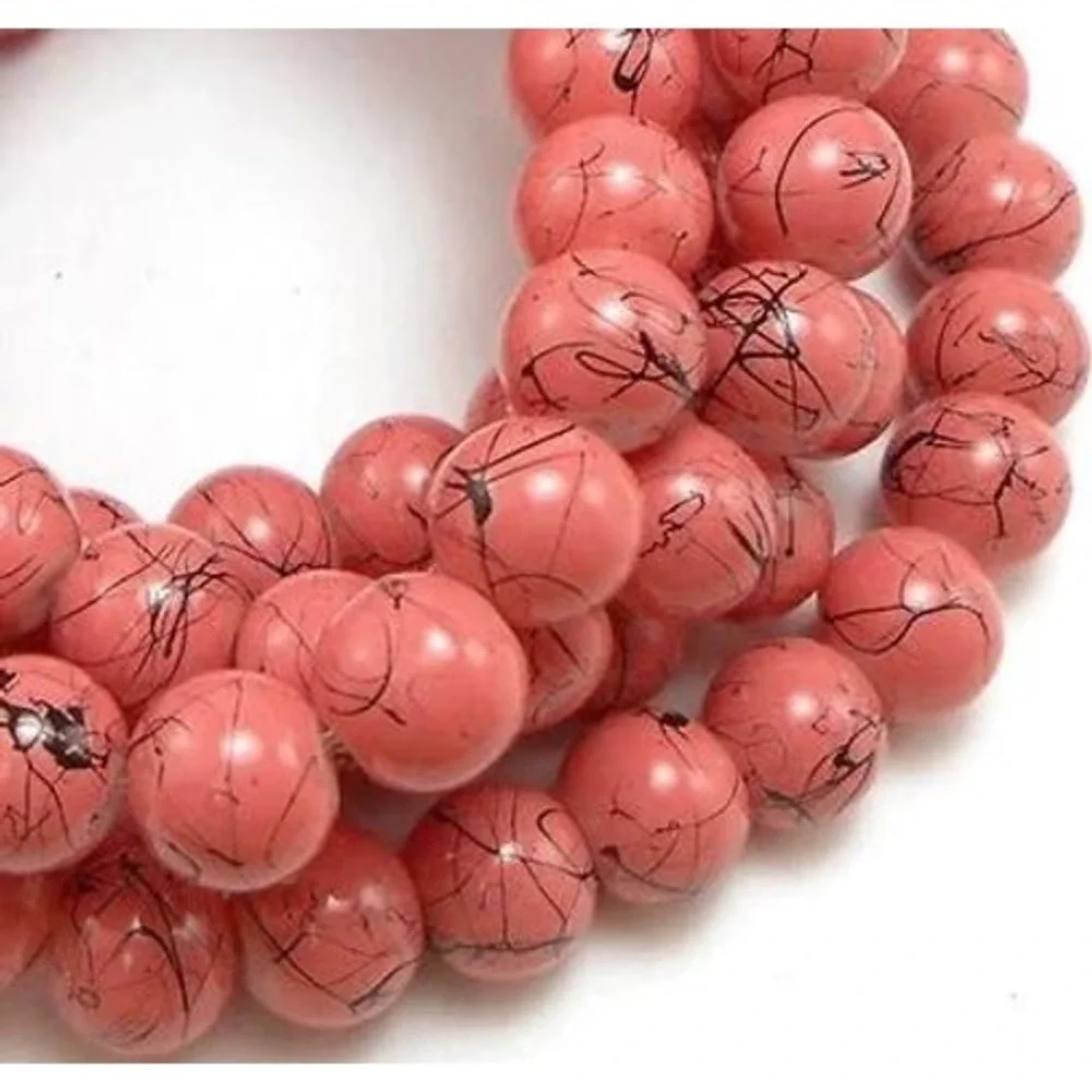 50pcs Pink with‎ Black Glass Beads 8mm