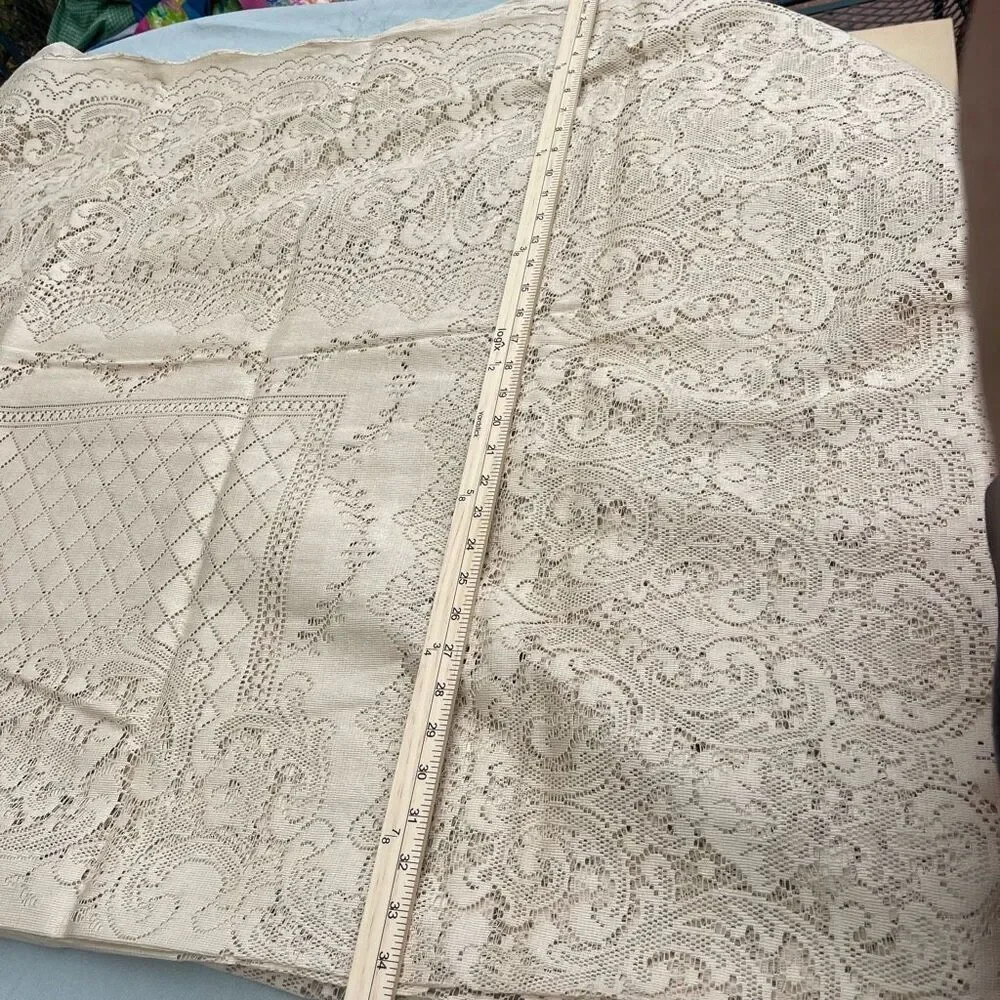 Vintage Pennicraft  cream tan colored lace table cloth rectangle 84” x 64”.