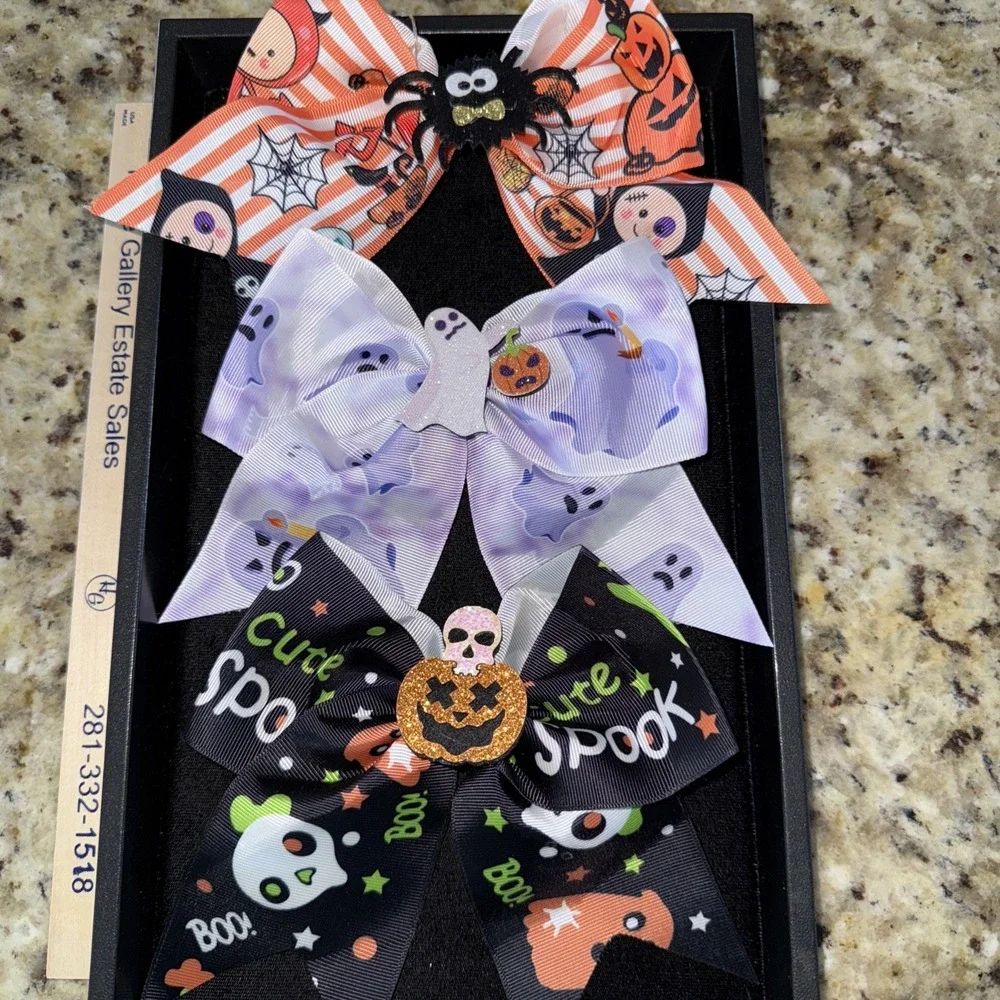 3Halloween Girls Hair Bows Black‎ Orange Pumpkins, Bats Ghost Spider (3).  4950