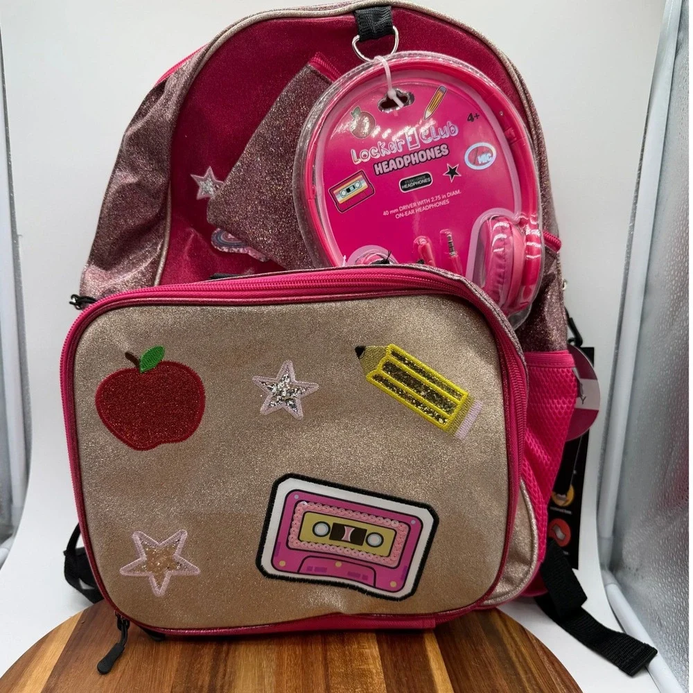 Locker Club Pink Glitter Backpack Lunch Box Pencil Case Headphones 4pc Set