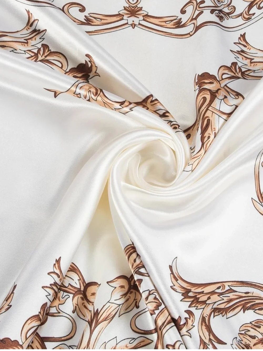 Elegant White & Beige Scroll-Print Silk Scarf