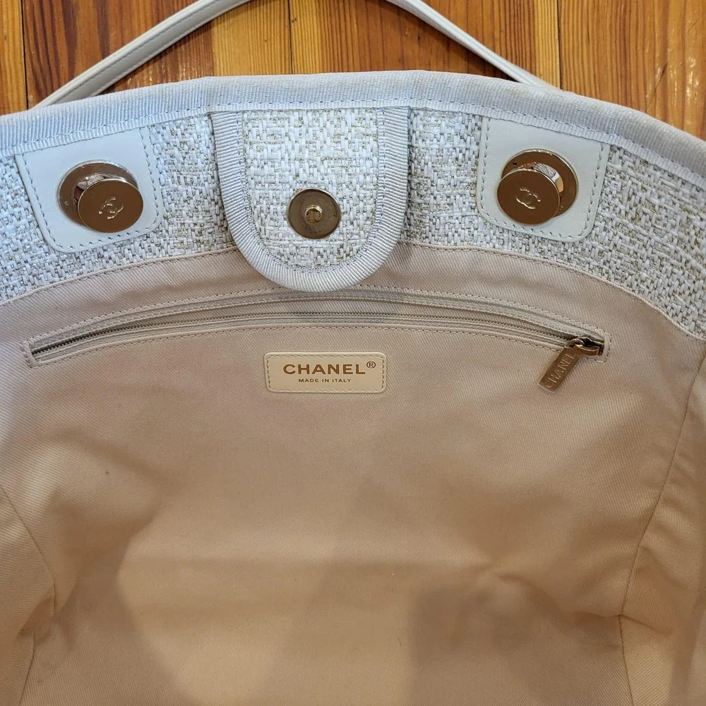 Chanel Lurex Boucle Small Deauville Tote Bag Ivory Gold 31 Rue Cambon 27202807