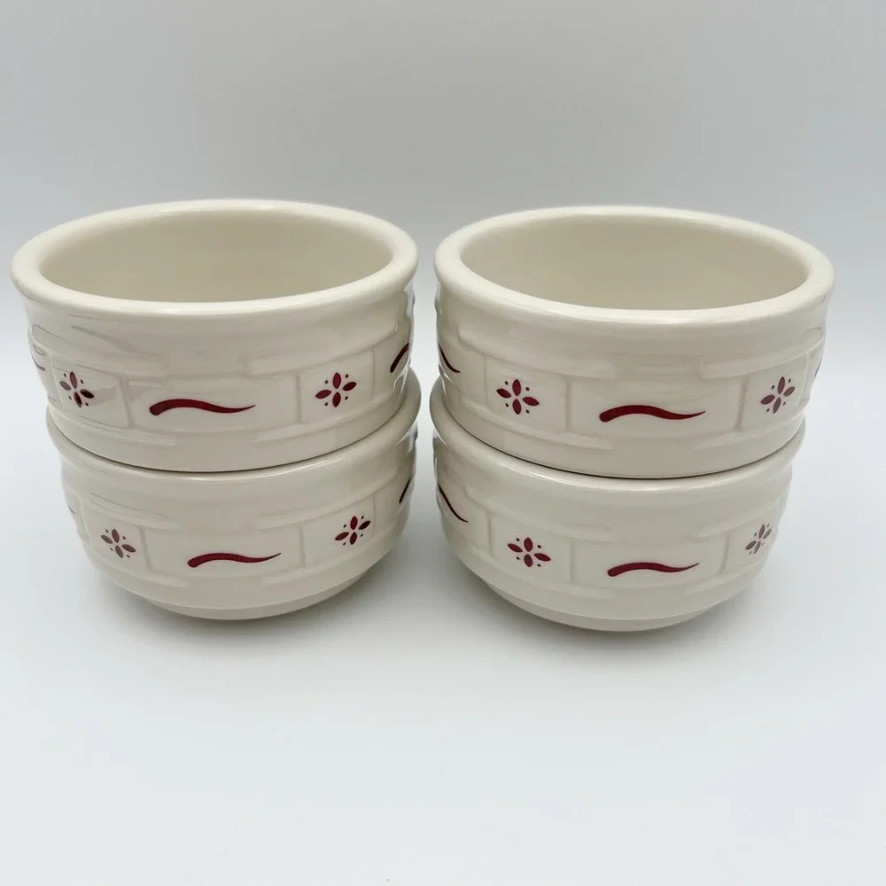 Longaberger Woven Traditions Red Stackable Custard Cups Pottery Set of 4 USA