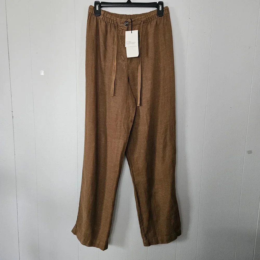 Zara Women Linen Pants M Brown Wide Leg‎ Elastic Waist Drawstring Sustainable