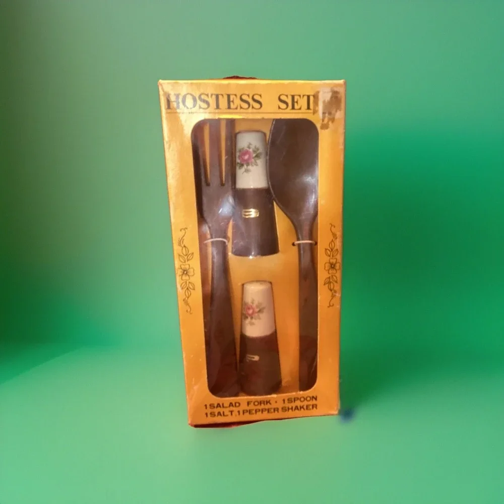 Vtg Hostess Set‎ Salad Fork Spoon Salt & Pepper Shakers New In Box MCM Japan