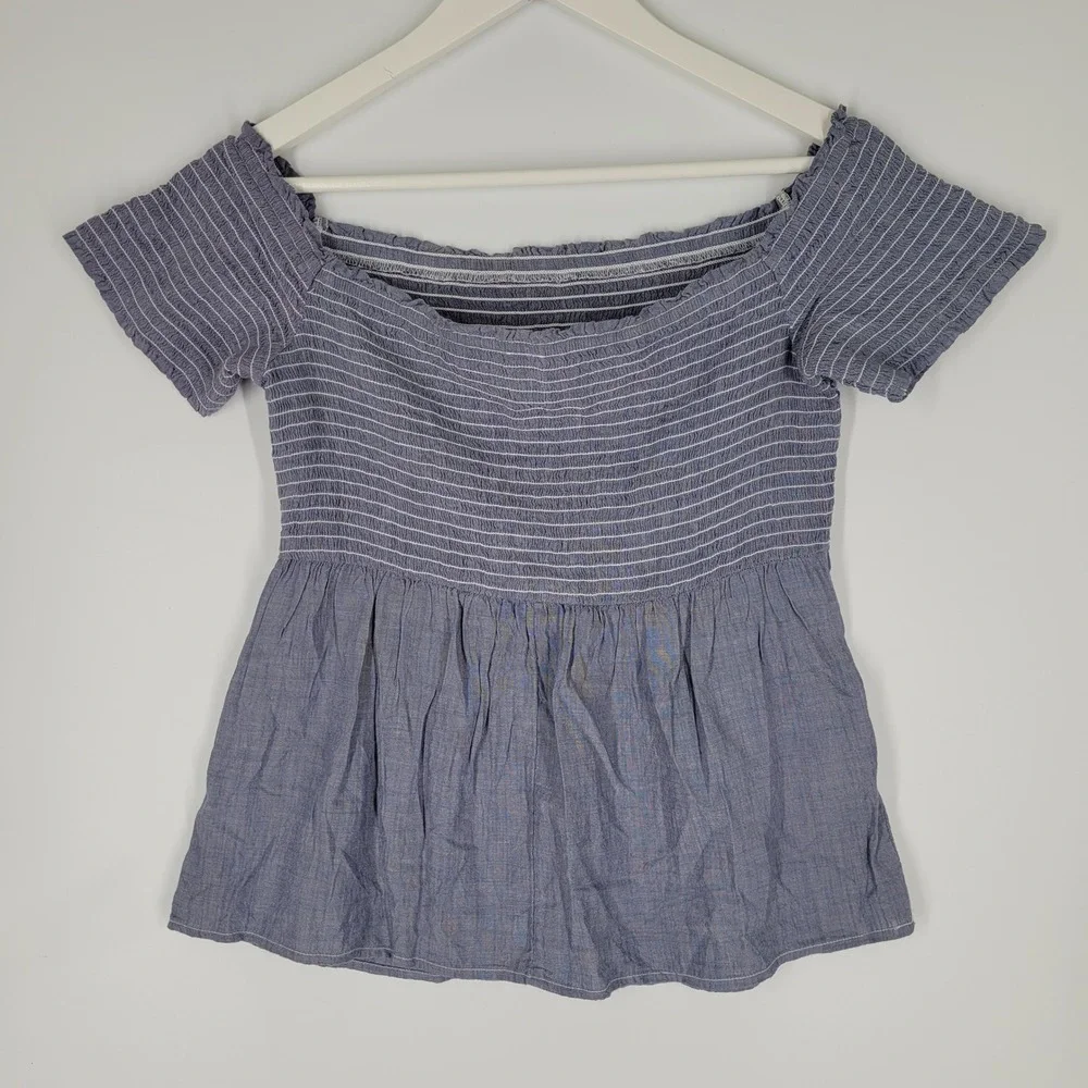 Old Navy Smocked Peplum Top Women Medium Blue Off Shoulder Short Sleeve Striped