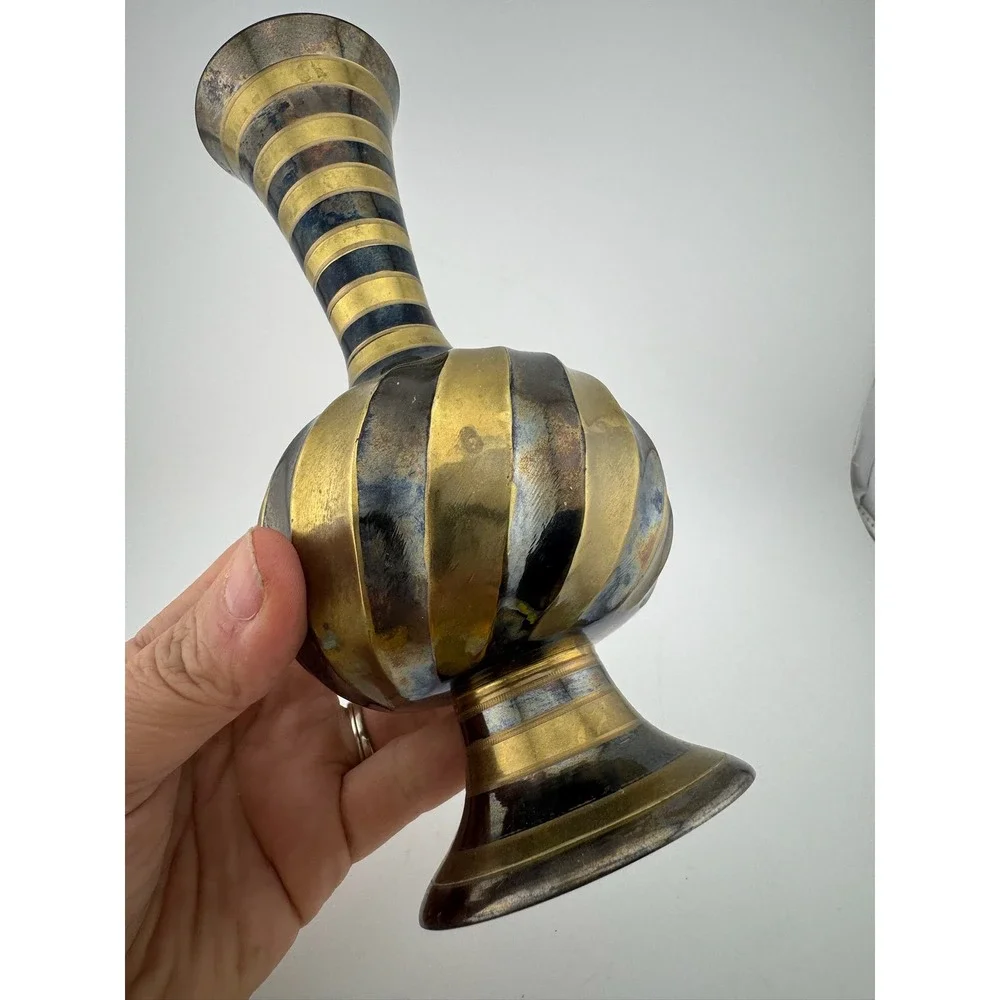 Vintage Brass Vase with Black Stripes‎ Made in India Home Decor Bud Vase