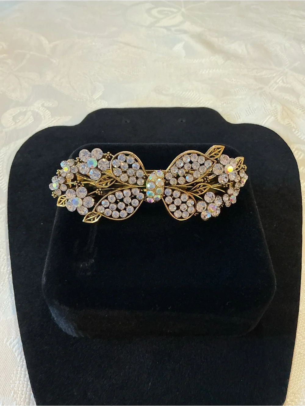 Aurora Borealis Floral Bow Vintage Style Antique Gold Tone Hair Clip