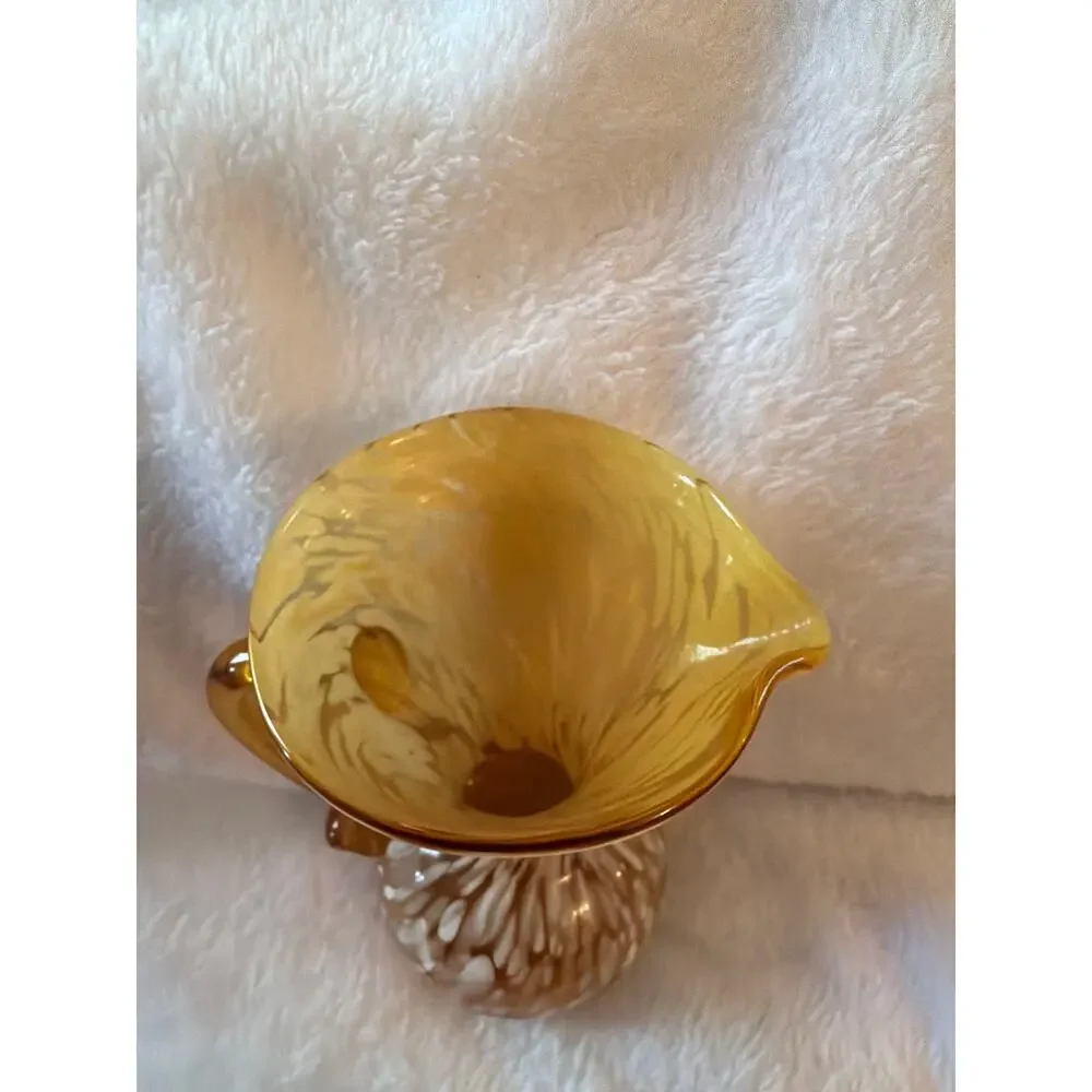 Vintage Amber White Spatter Cased Art Glass Pitcher Applied Handle Vase Jug 6