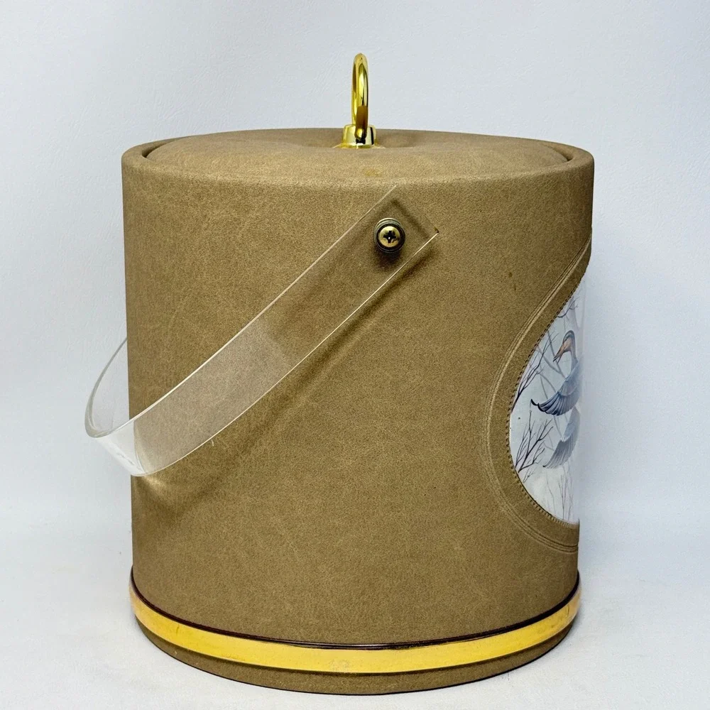 Vintage Norman R Wyatt Mallard Duck Ice Bucket Faux Leather Acrylic Handle Tan
