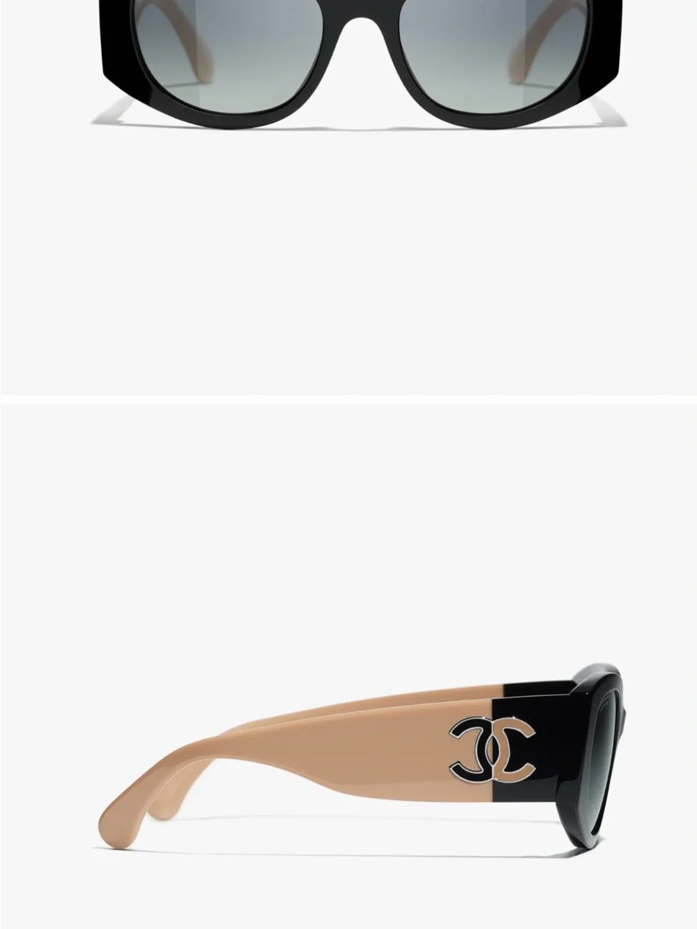CHANEL Black Cat-Eye Sunglasses with Beige Temple Accents