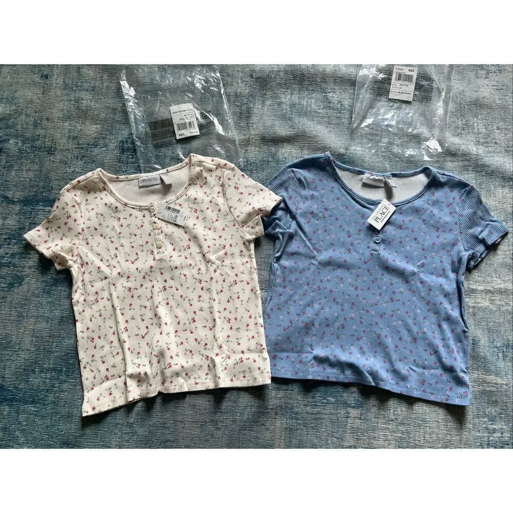 NWT! Children's Place White Blue Floral Short Sleeve Tees Lot of 2 Girls XXL