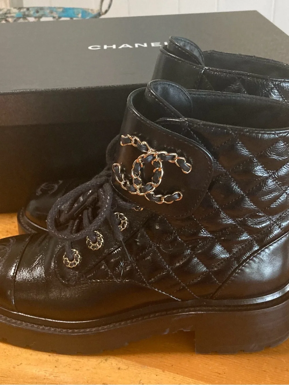 CHANEL Authentic Black Shiny Leather Low Heel Lace Up Combat Boots USA Size 6~