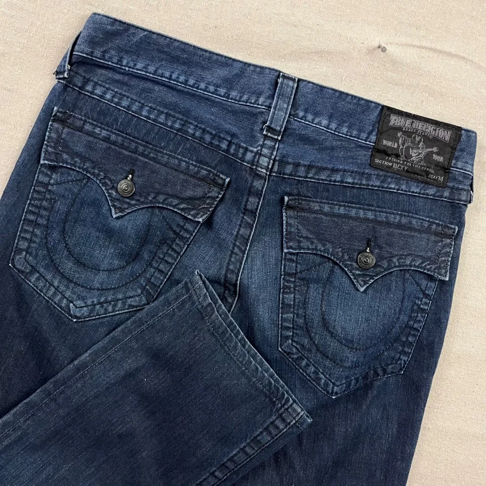 True Religion Ricky Jeans Mens 34 Dark Blue Straight Leg Flap Pocket Made in USA