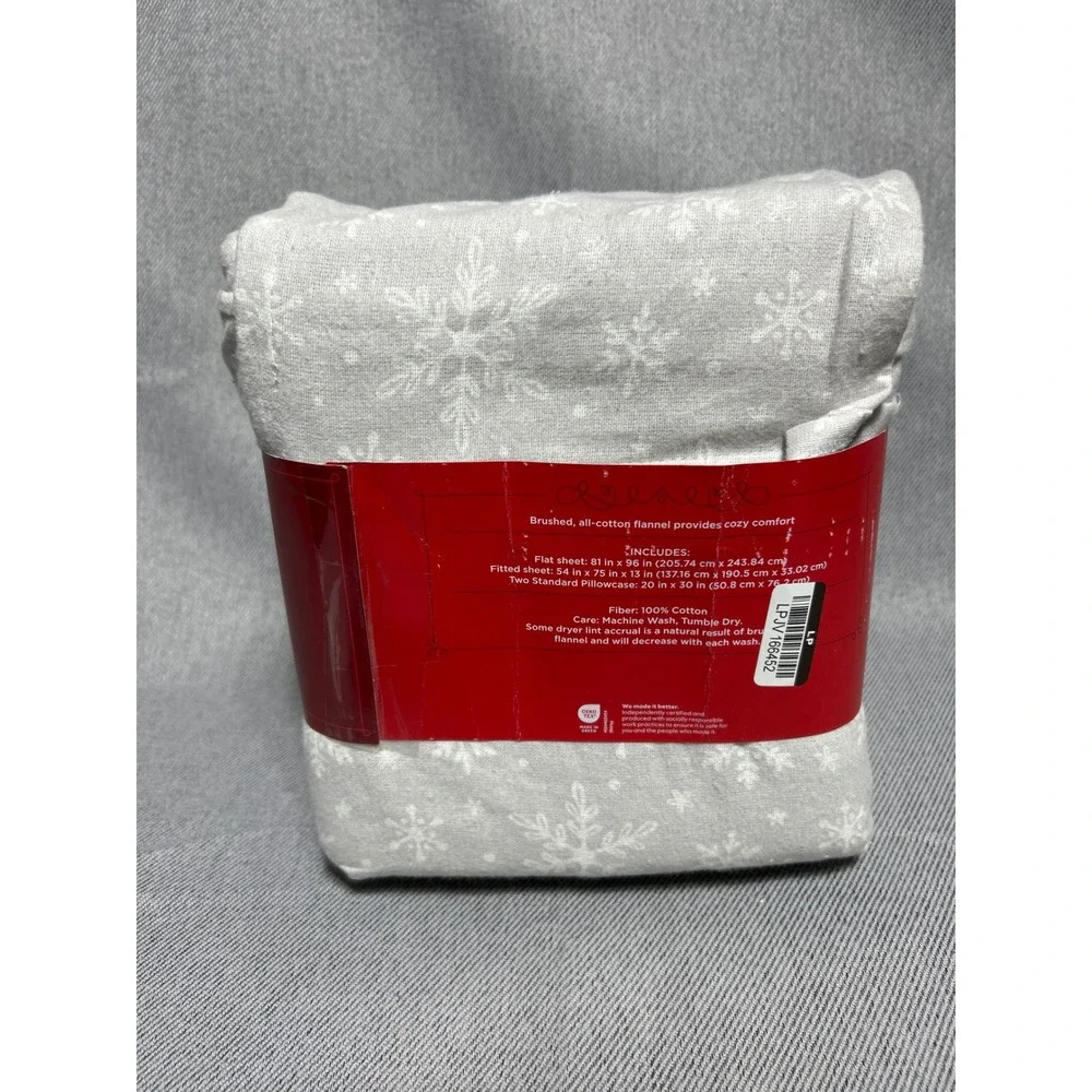 Wondershop Full Flannel Sheet Set Grey White Snowflake 100% Cotton 4pc New