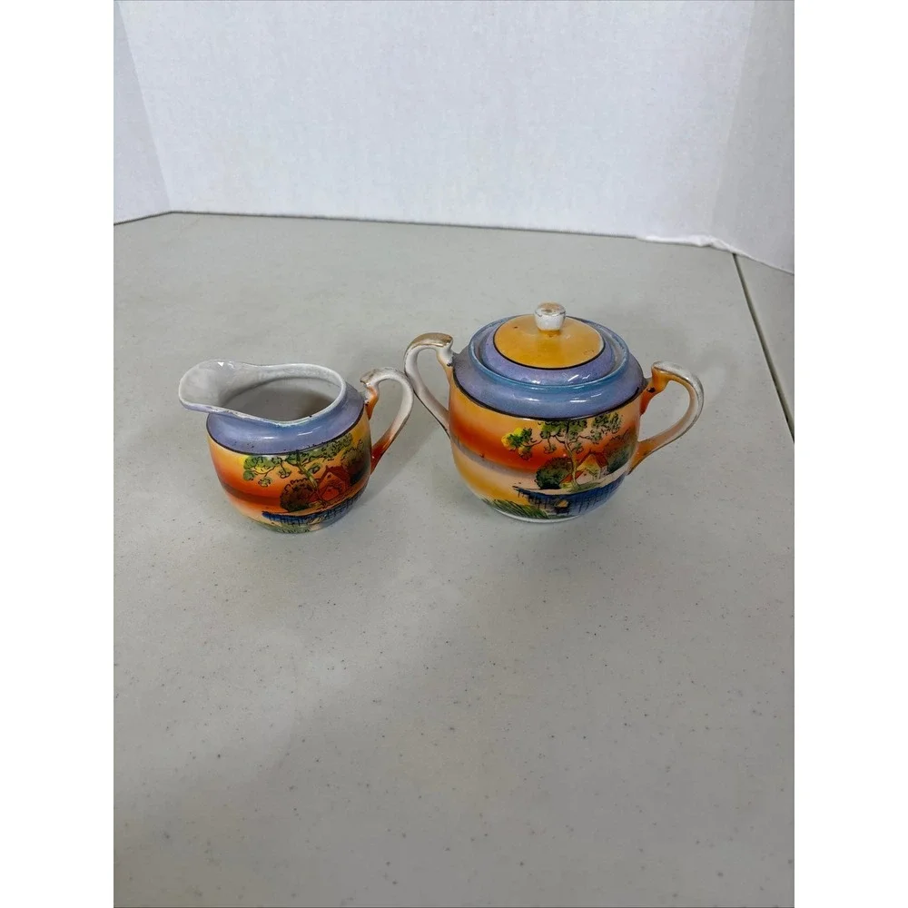 Vintage Hand Painted Sugar Bowl and Creamer Set Asian‎ Landscape Design