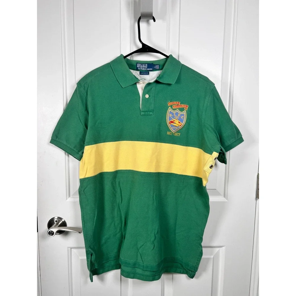 Polo Ralph Lauren Mens Green Yellow Stripe Country Club Crest Polo Shirt Large