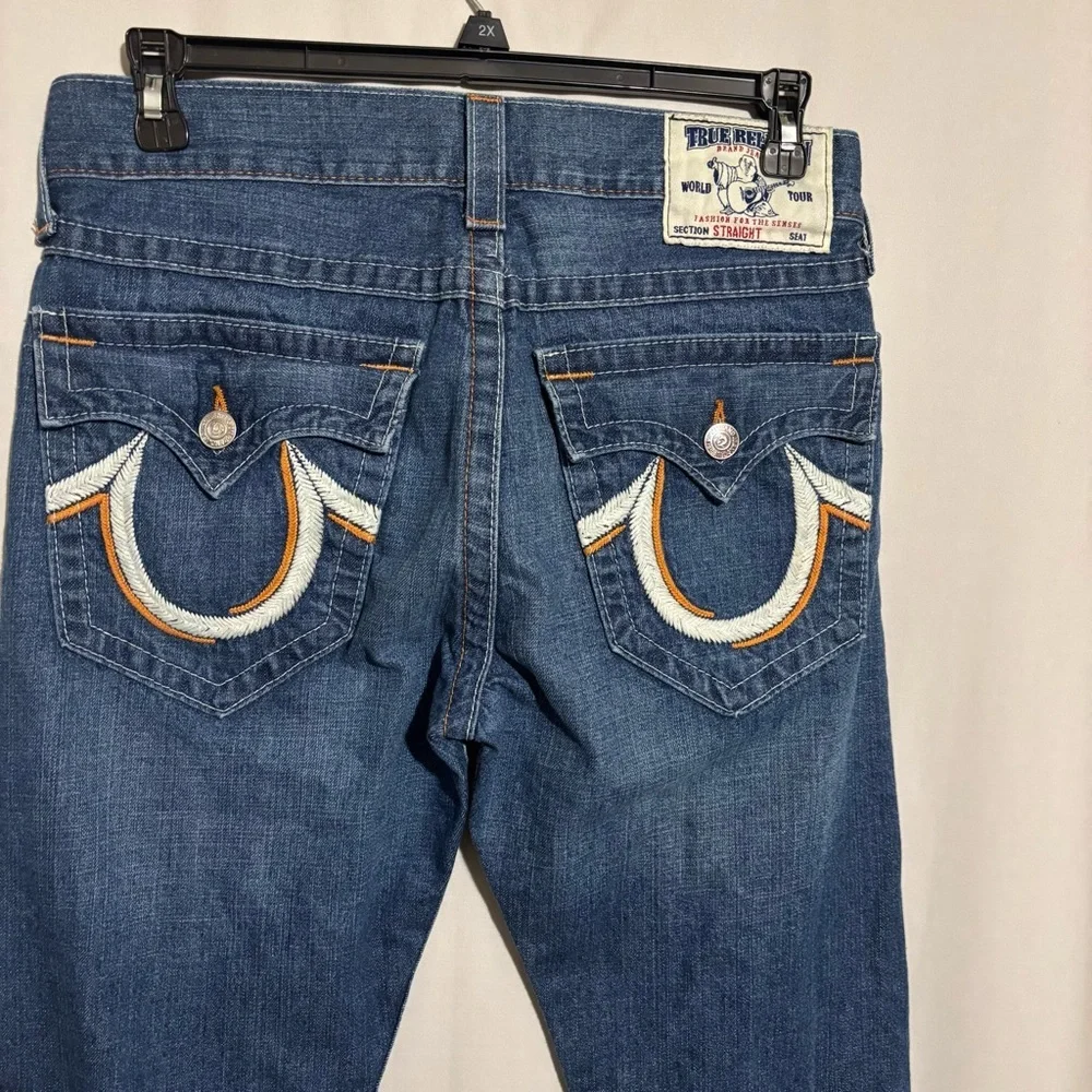 True Religion size 31 Blue Denim Jeans with Orange Stitching