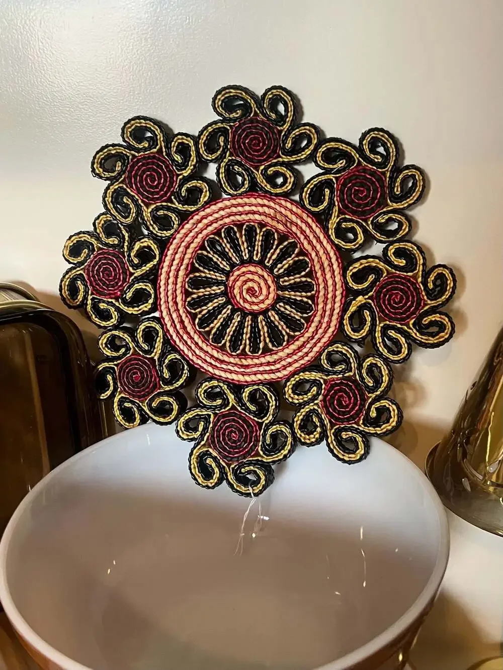 Vintage Boho Floral Woven Raffia Trivet Red and Black Straw Hot Pad