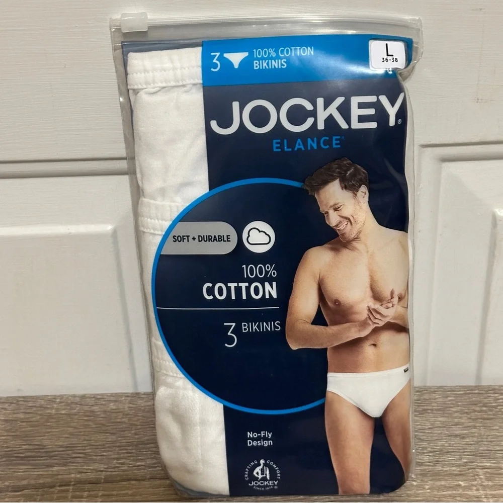 Jockey Mens‎ Size L 36-38 White Elance Bikini 3-Pack Underwear Cotton Comfort