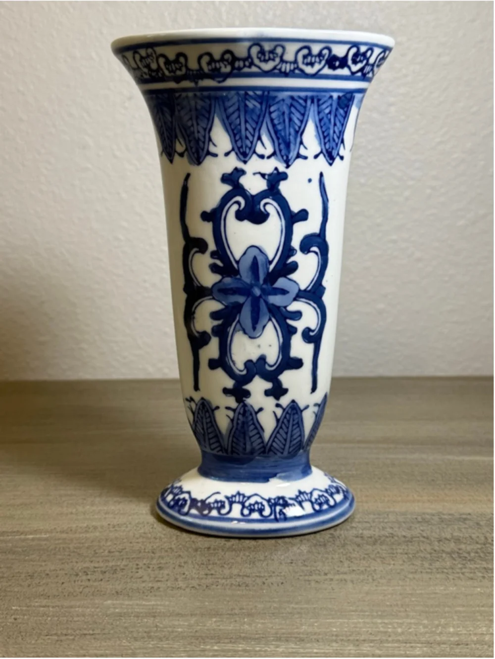 Vintage Japanese Porcelain Vase Decorated in Blue White Floral Trumpet Shape