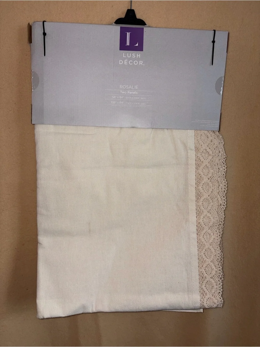 Pair Lush Decor Linen Look Beige Curtain Panels with White Lace Trim -NWT