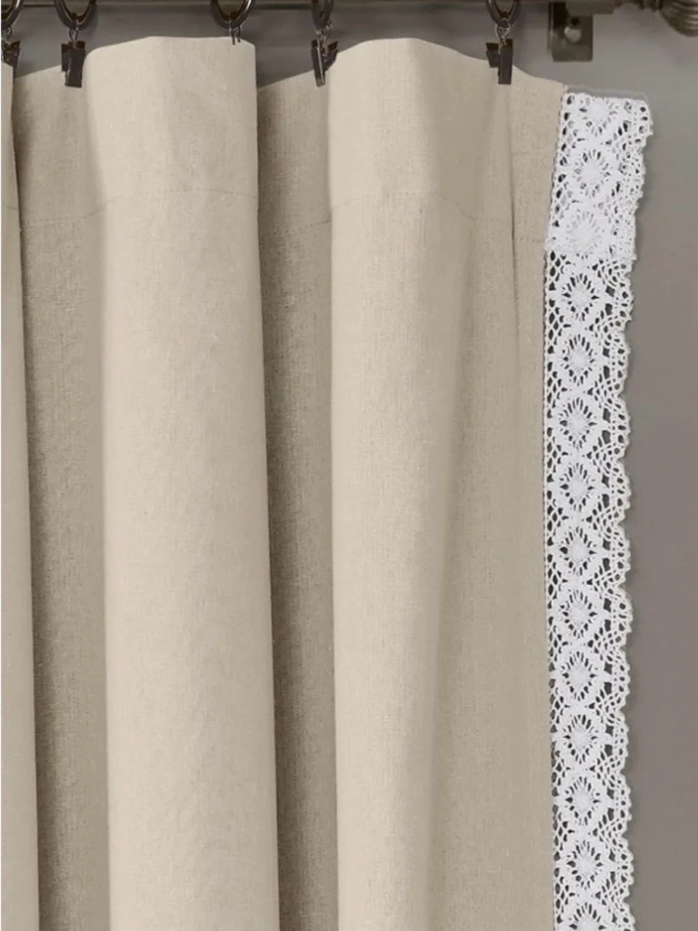 Pair Lush Decor Linen Look Beige Curtain Panels with White Lace Trim -NWT