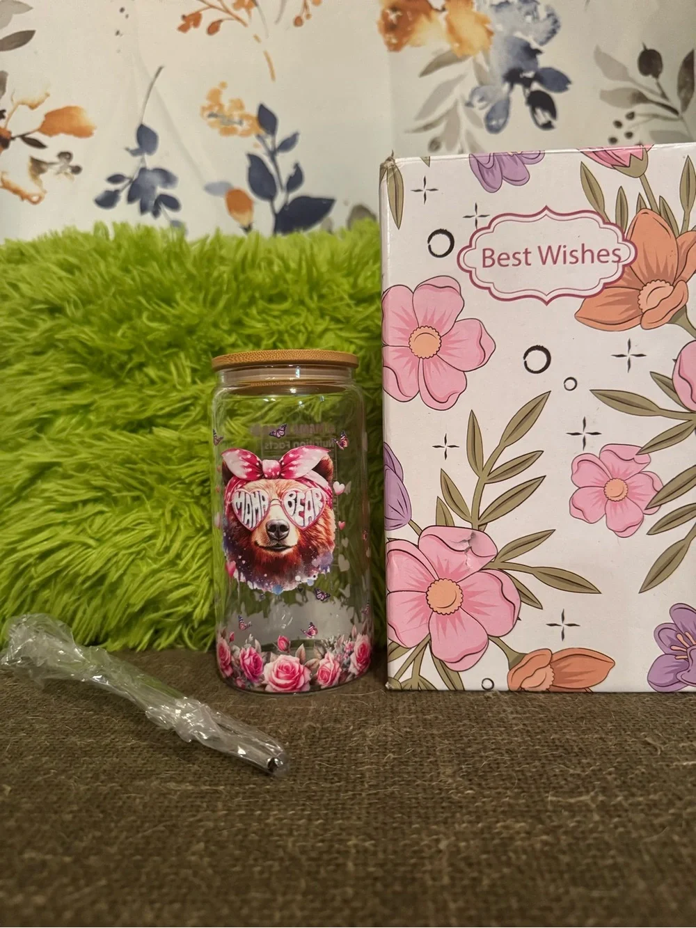 Floral Mama Bear Glass Tumbler with Bamboo Lid & Straw Pink Accents New In Box