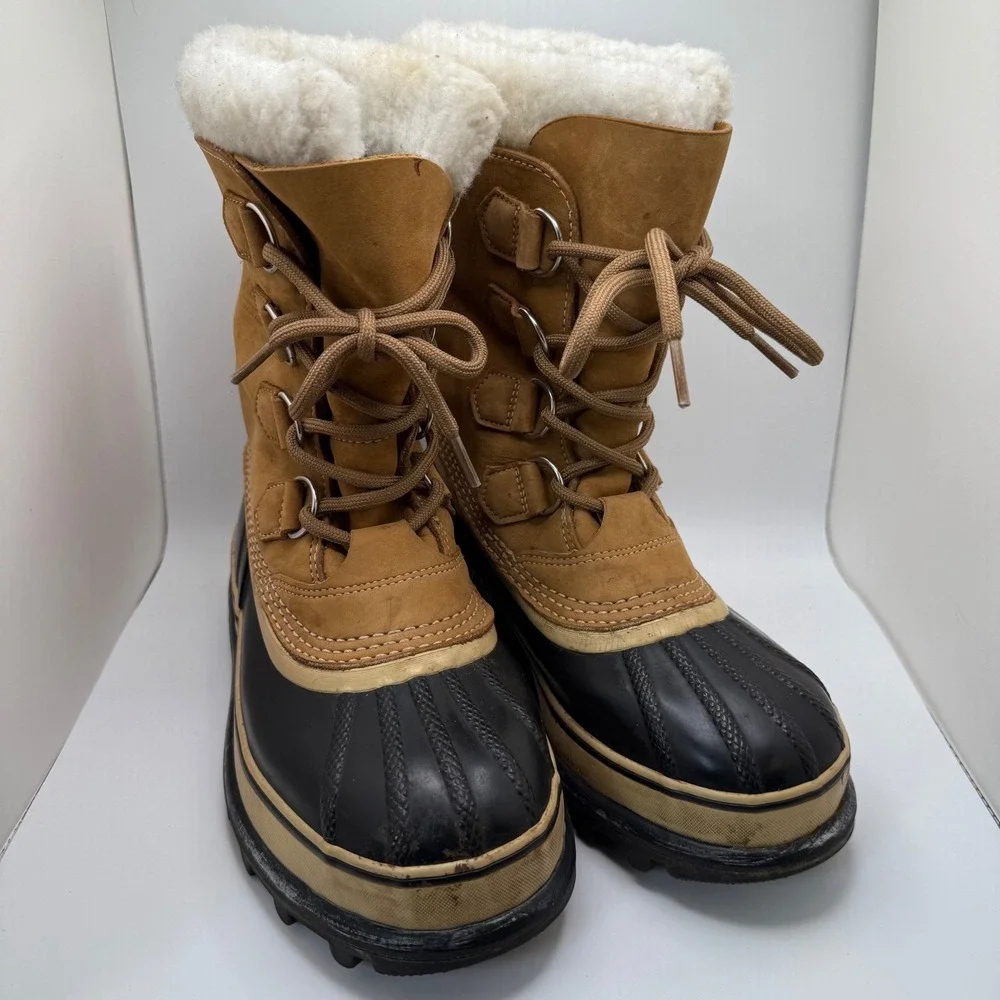 Sorel Caribou Waterproof Winter Snow Boots Men's Tan Suede Fur Lined Lace Up S-7