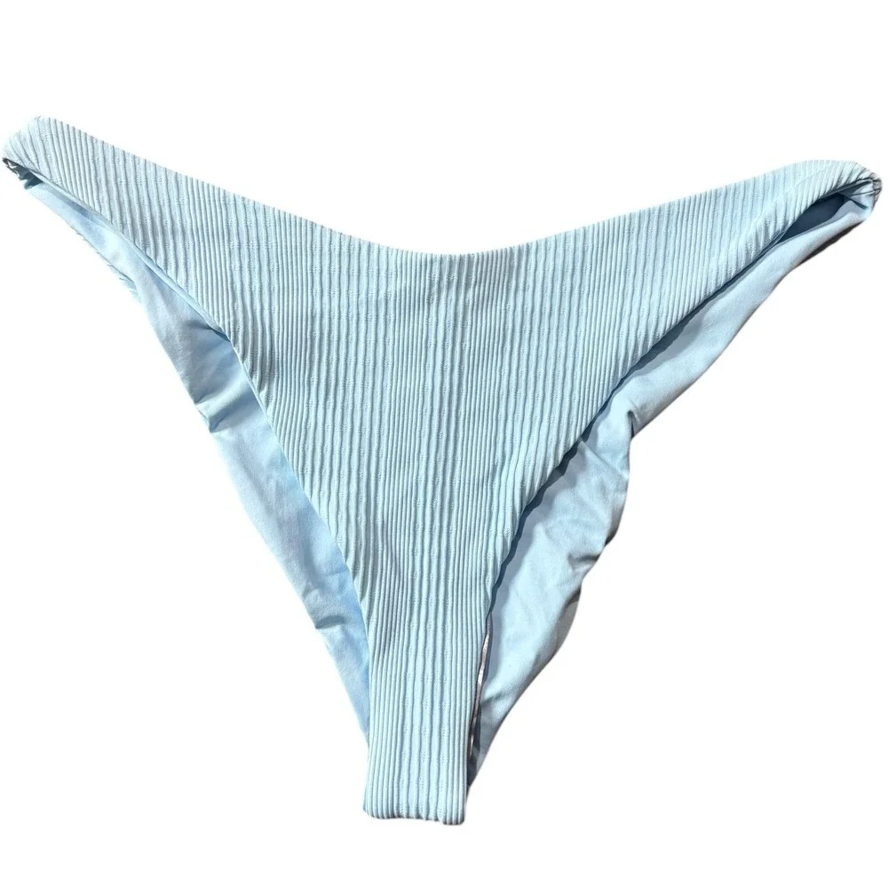 L*Space Bitsy Cut Ribbed V-Front High Leg‎ Bikini Bottoms Light Blue XL NWOT