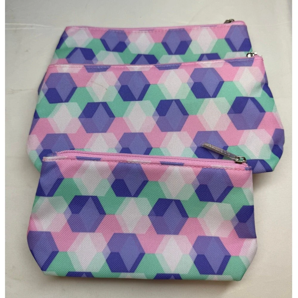 Clinique Cosmetic Bags Set of 3 Multicolored‎ Lined Zip Geometric Print Travel
