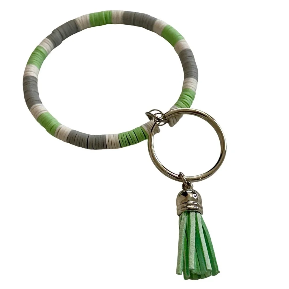 Handmade Silicone Bead Wristlet Keychain Green White Grey Tassel‎ Bangle Ring