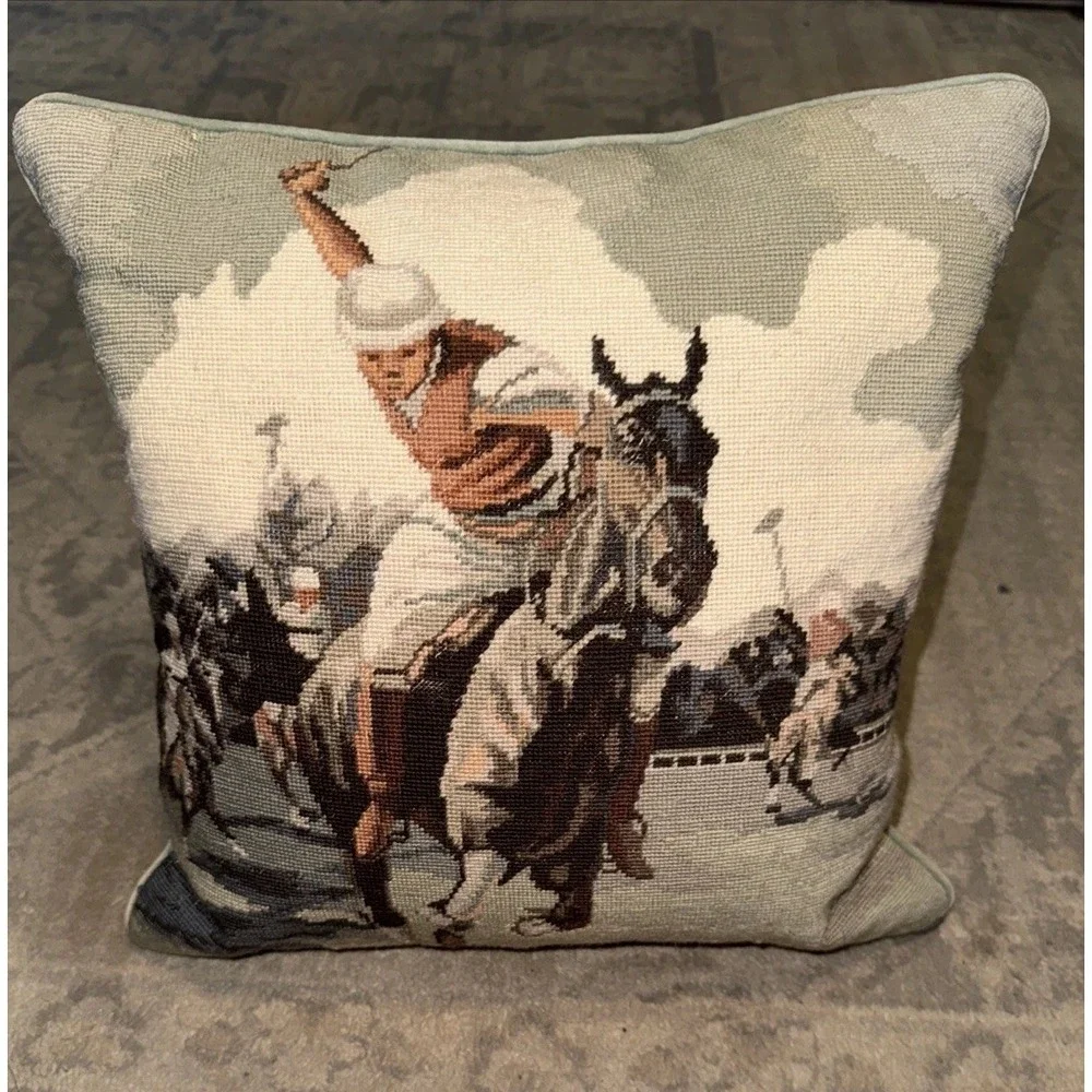 Needlepoint Petit Point Polo Player Horse Pillow‎ 14