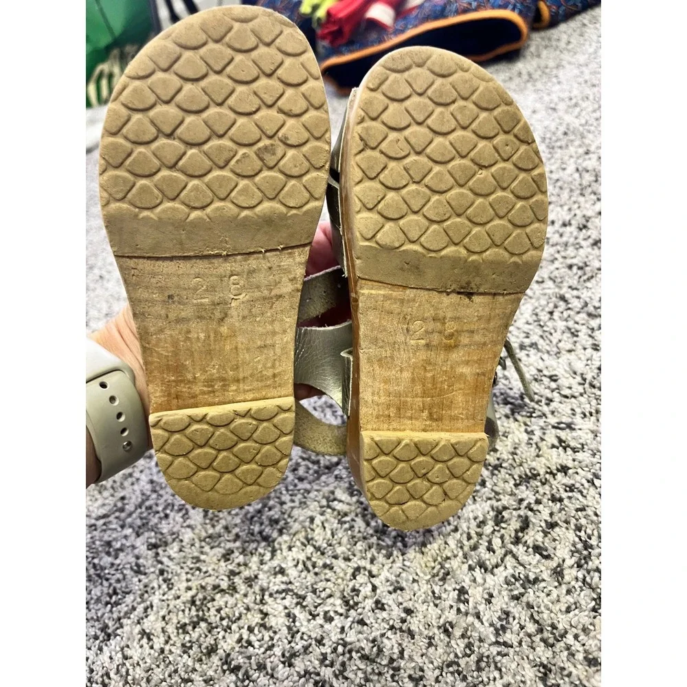 Kids Silver Leather Clog Sandals Wooden Sole Adjustable‎ Strap Size 28