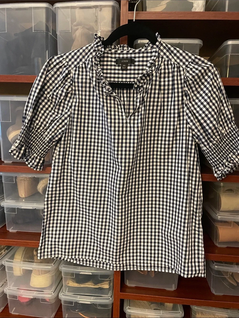 J. Crew Navy and White Gingham Ruffle-Neck Blouse