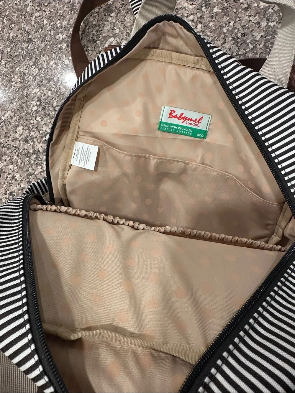 Babymel Black & White Striped Sling Backpack with Brown Strap