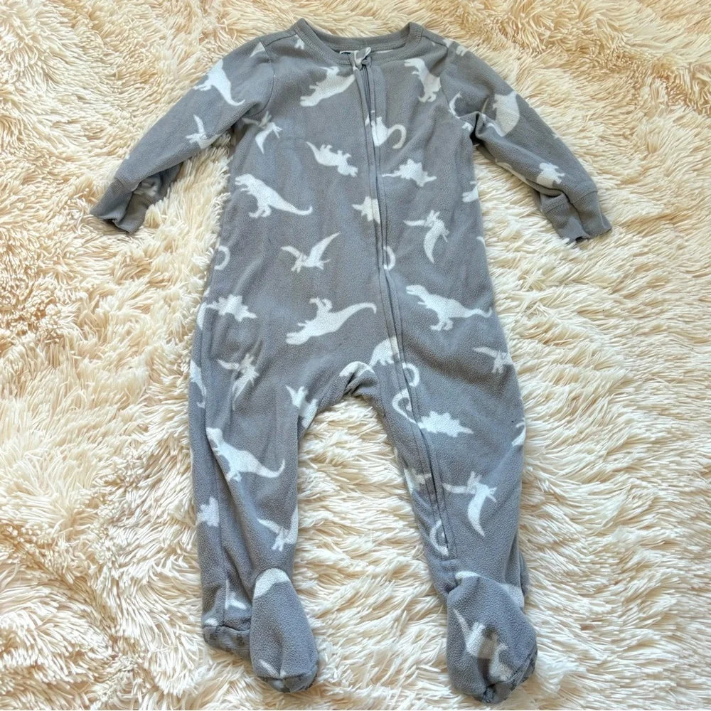 Old Navy Grey Dinosaur Fleece Zip Up One Piece Footed Pajamas 18/24