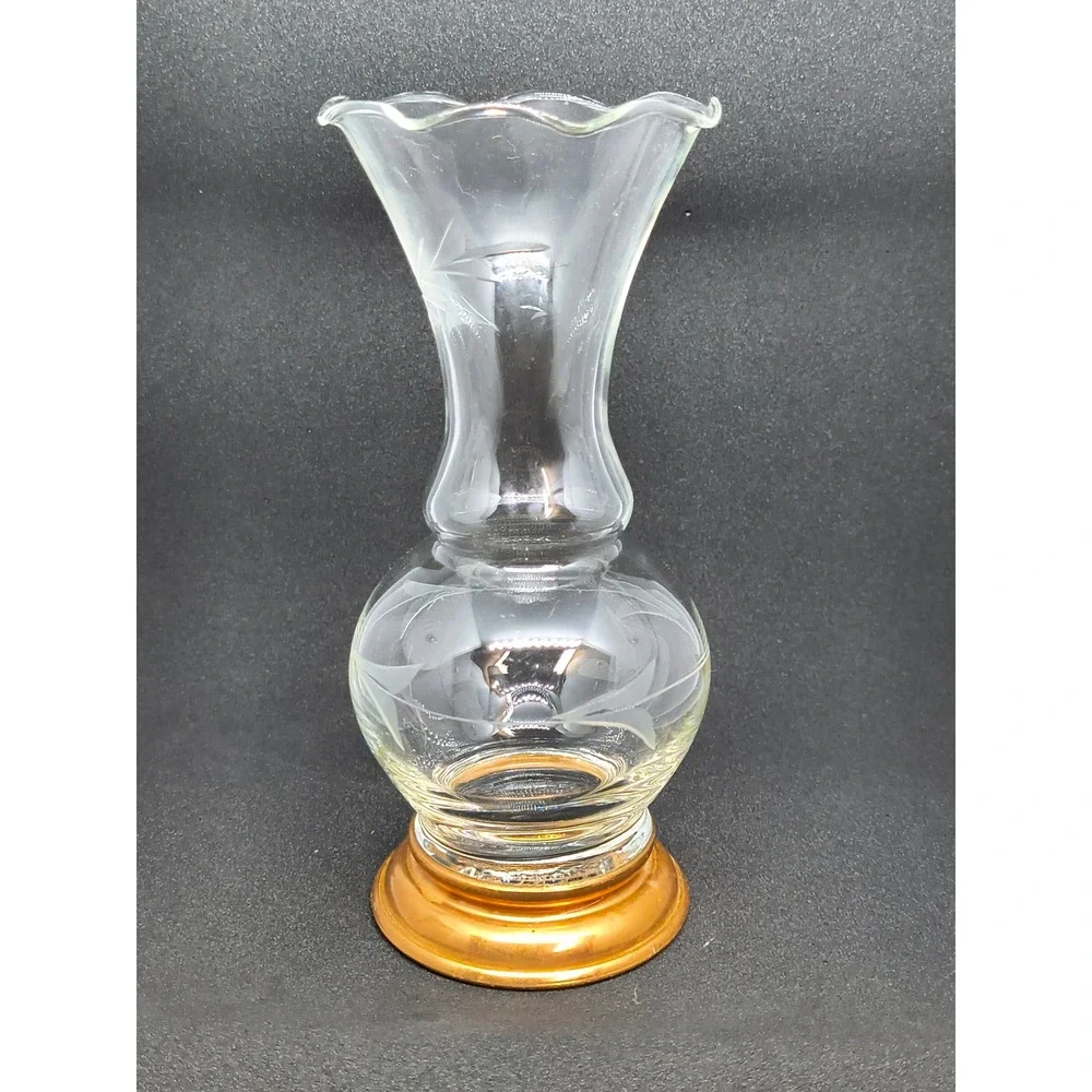 Vintage Princess House Etched Wheat Glass Bud Vase Copper Base Ruffled Rim