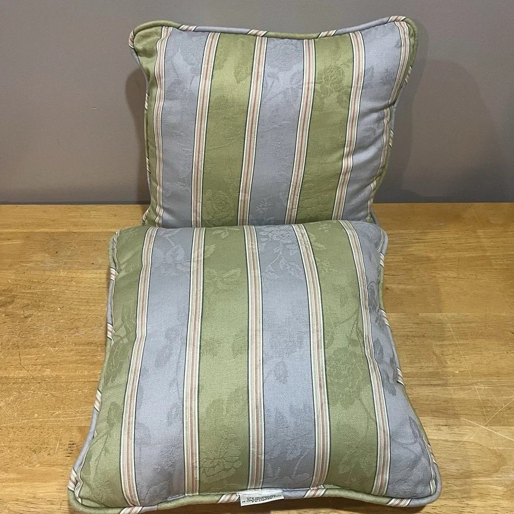 Waverly Floral Blue Green Pink Striped Leaves Decorative Throw Pillows 2- 15x15‎