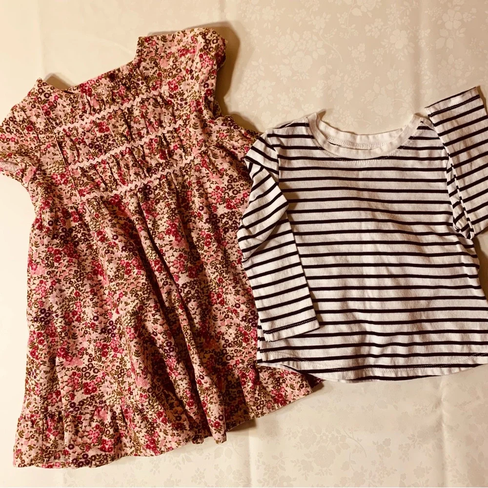 EUC Bundle: Lightweight Pink Floral Smocked Corduroy Dress, Bonus Striped Tee