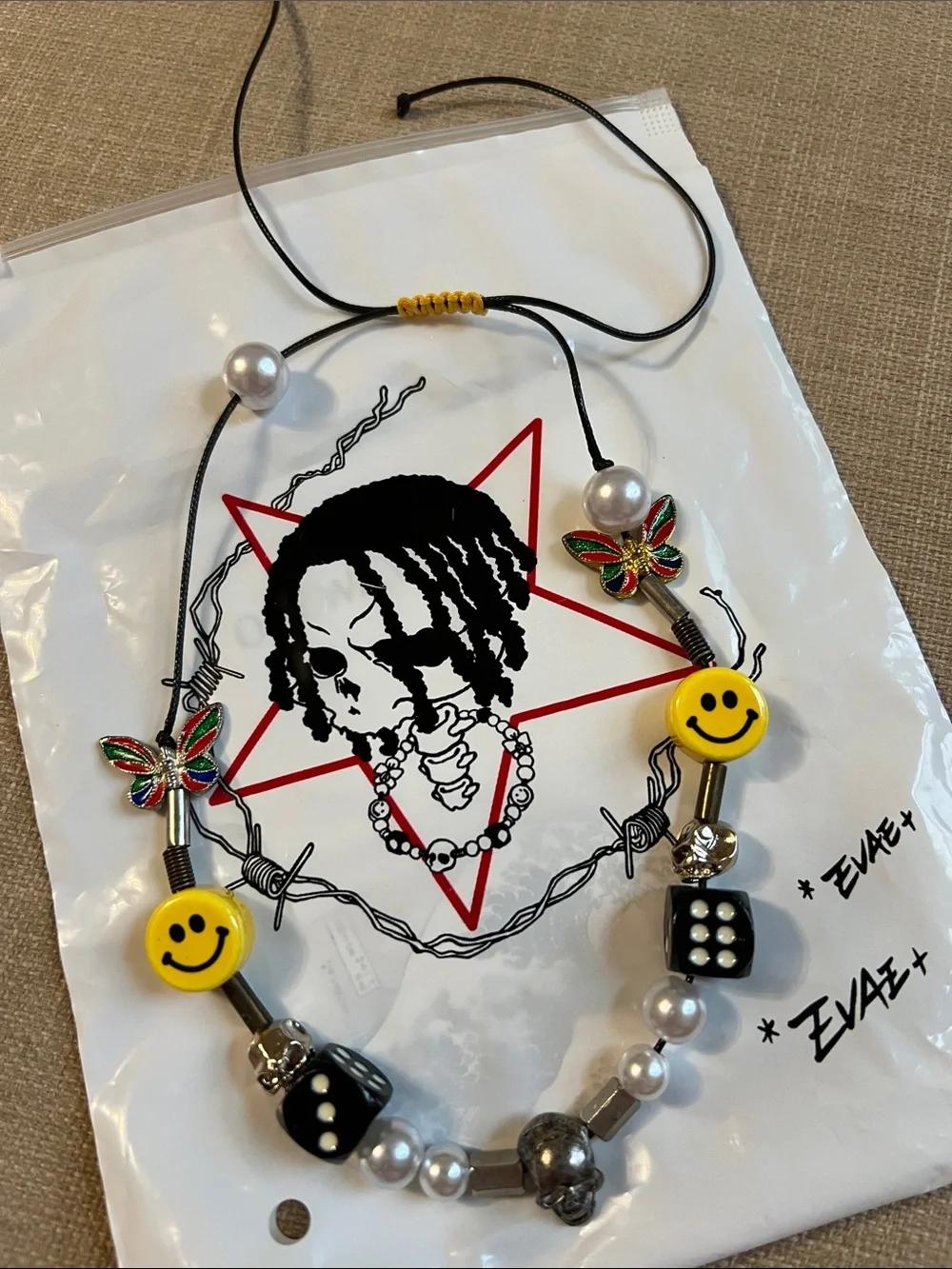 Evae+ Smily Face Beaded Necklace with Butterfly Accents