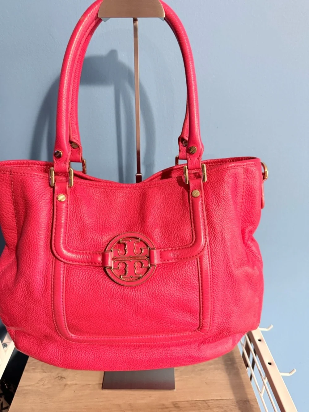 Tory Burch Pink Pebbled Leather Tote with Logo Medallion