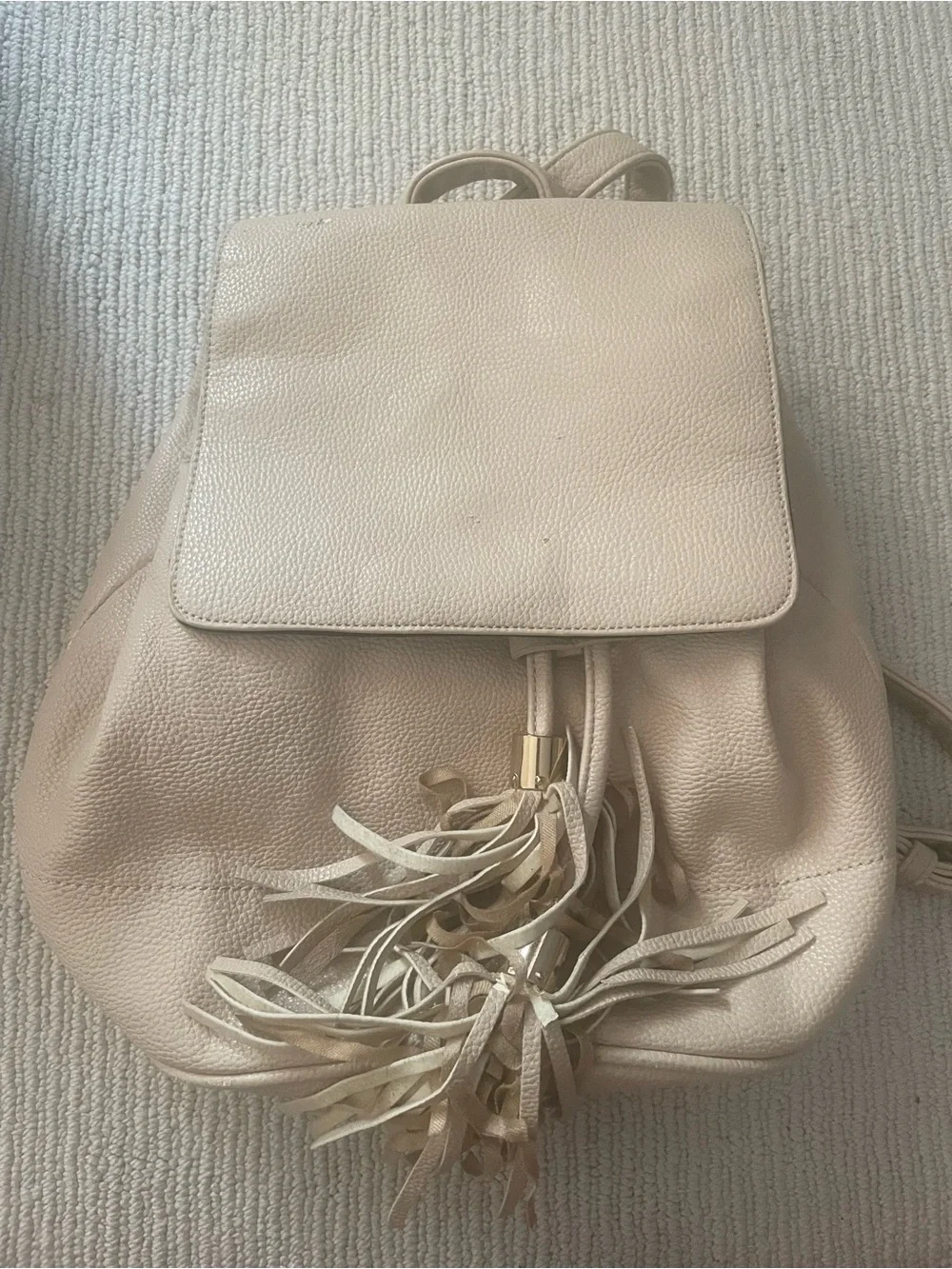 Beige Leather Tassel Drawstring Backpack - Women b28