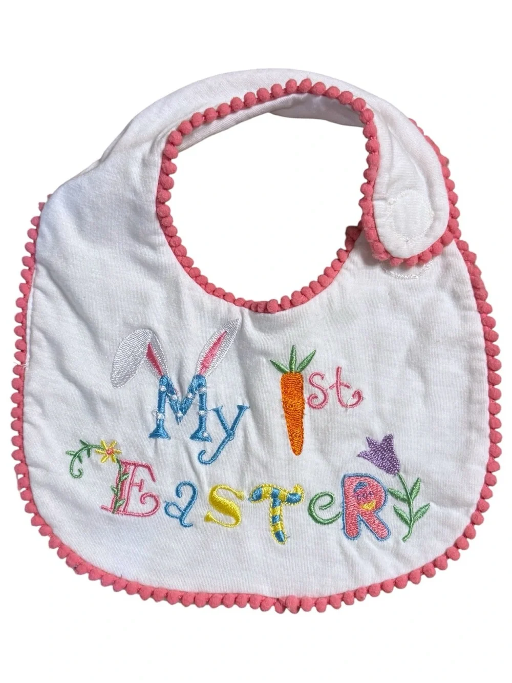 Personalized “My 1st Easter” Embroidered Baby Bib Pink Pom Trim Bunny Carrot