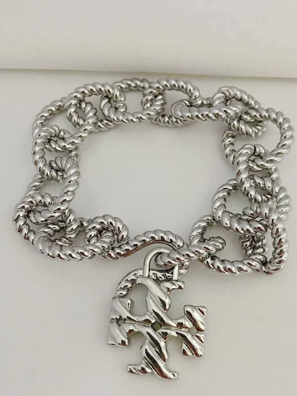 Tory Burch Silver-Tone Rope Link Logo Charm Bracelet