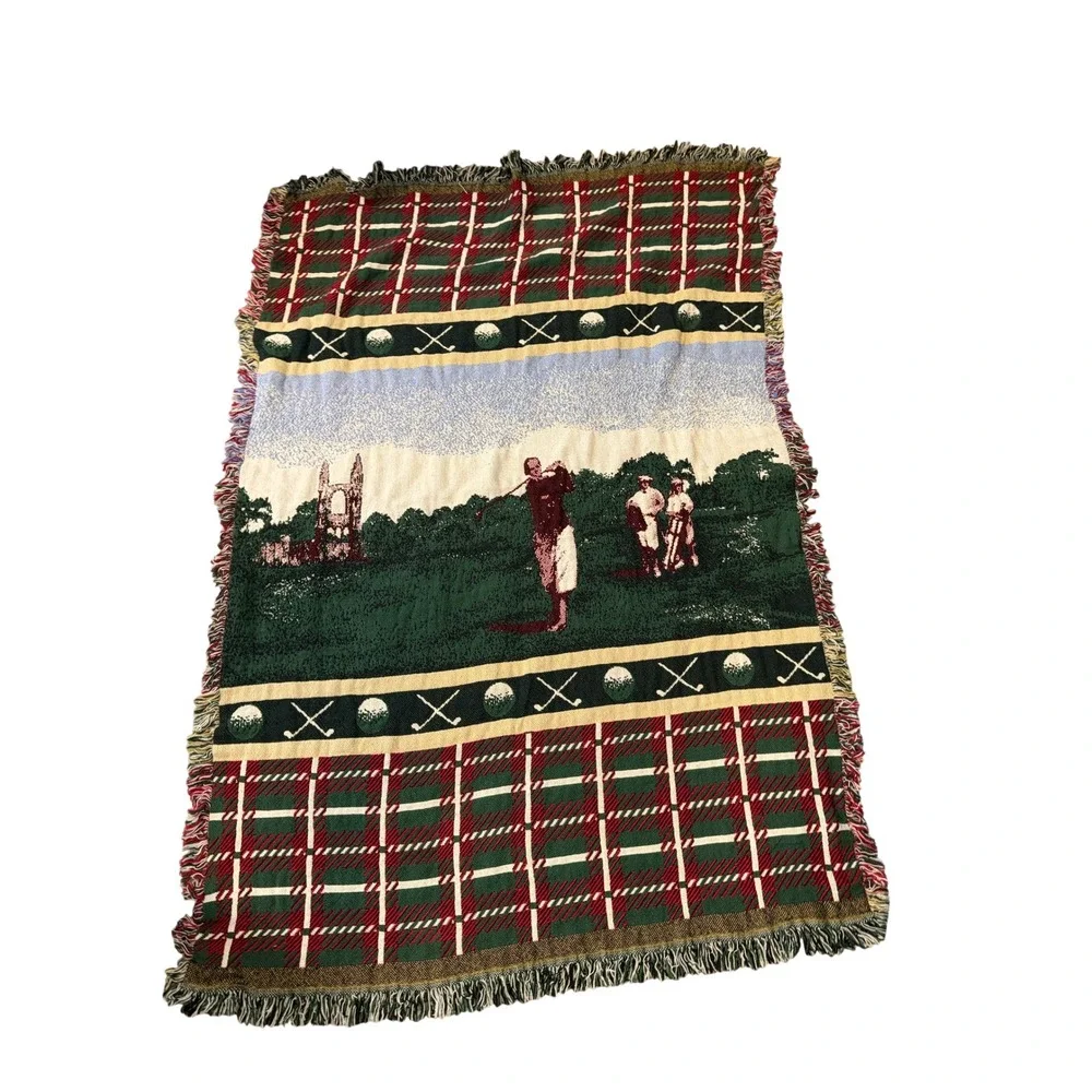 The Rug Barn Golf Tapestry‎ Throw Blanket 46x60 Multicolor Woven Plaid Fringe