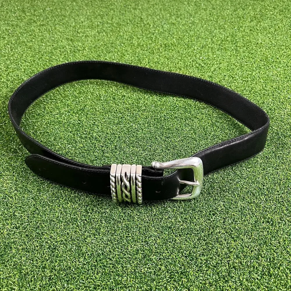 Vintage Brighton Black Leather Signature Etched Silver Tone Buckle Belt