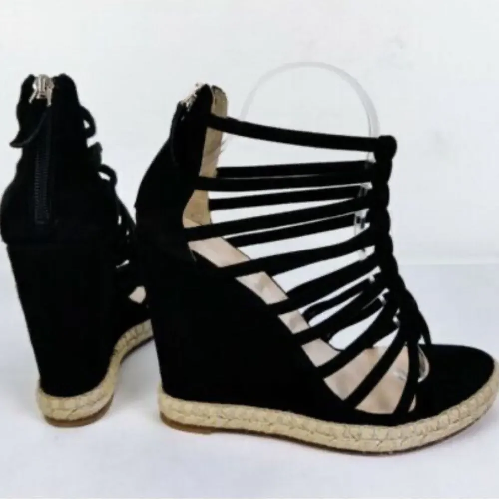 JEAN MICHEL CAZABAT ESPADRILLES WEDGE PLATFORM BLACK‎ SUEDE SHOES SIZE 38 1/2